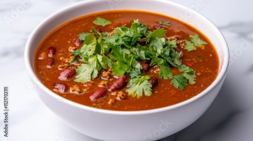 Delicious, hearty chili with kidney beans, ground meat, and fresh cilantro served in a white bowl on a marble countertop, perfect for warming meals