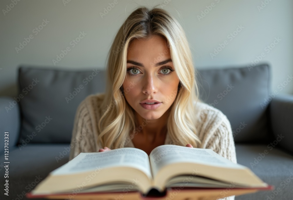 A young woman with blonde hair reads a book while sitting on a couch. A young woman with blonde hair reads a book while sitting on a couch.