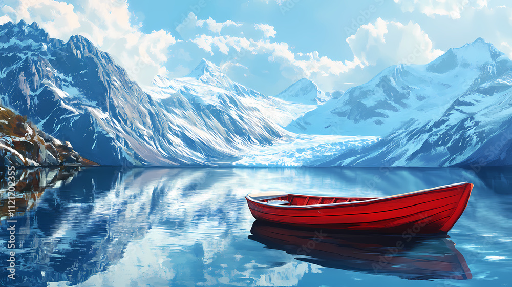 Obraz premium Red boat on lake with snow mountain background. Arcadia. Illustration