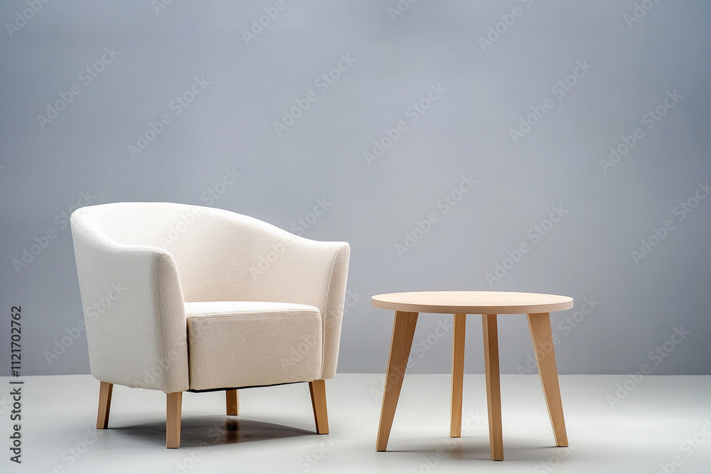 Cozy chair and round table in minimalist interior setting Cozy chair and round table in minimalist interior setting