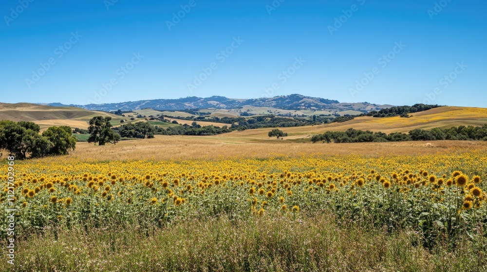 Sunflowers in a vast field, under a clear blue sky, with rolling hills in the background. Sunflowers in a vast field, under a clear blue sky, with rolling hills in the background.