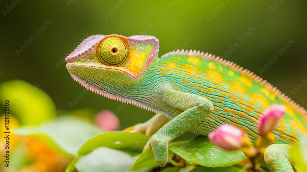 Fototapeta premium Vibrant chameleon on a leaf tropical rainforest wildlife photography close-up view colorful nature scene