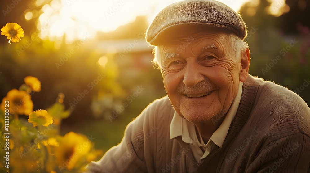 86. An elderly man with distinctive features and a warm smile, relaxing in a sunlit garden 86. An elderly man with distinctive features and a warm smile, relaxing in a sunlit garden