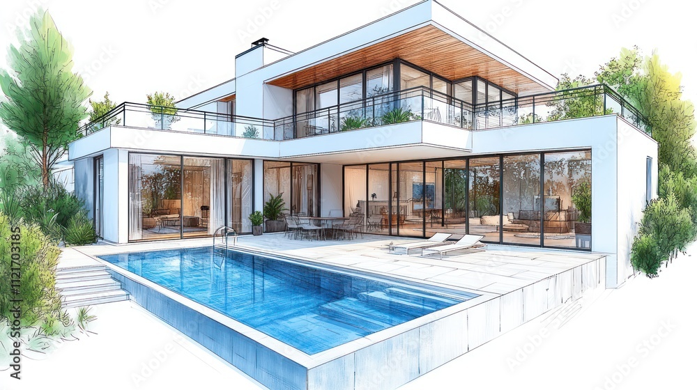 Obraz premium Modern house design with pool and outdoor space 
