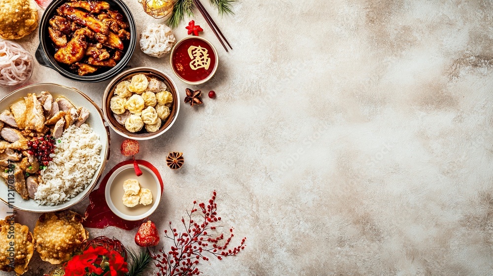 Traditional Chinese lunar New Year dinner table, menu background with pork, fried fish, chicken, rice balls, dumplings, fortune cookie, nian gao cake, noodles, chinese decorations. Top view. Traditional Chinese lunar New Year dinner table, menu background with pork, fried fish, chicken, rice balls, dumplings, fortune cookie, nian gao cake, noodles, chinese decorations. Top view.