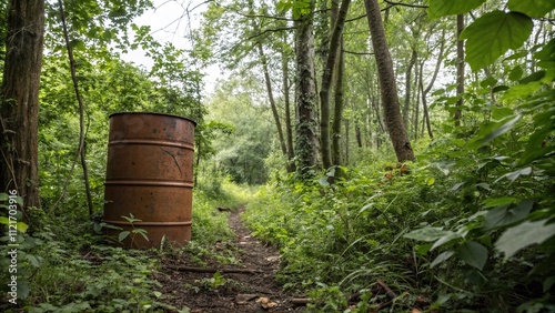 Chemicals in a brown barrel amidst forest foliage, natural environment, wilderness neglect, forest foliage