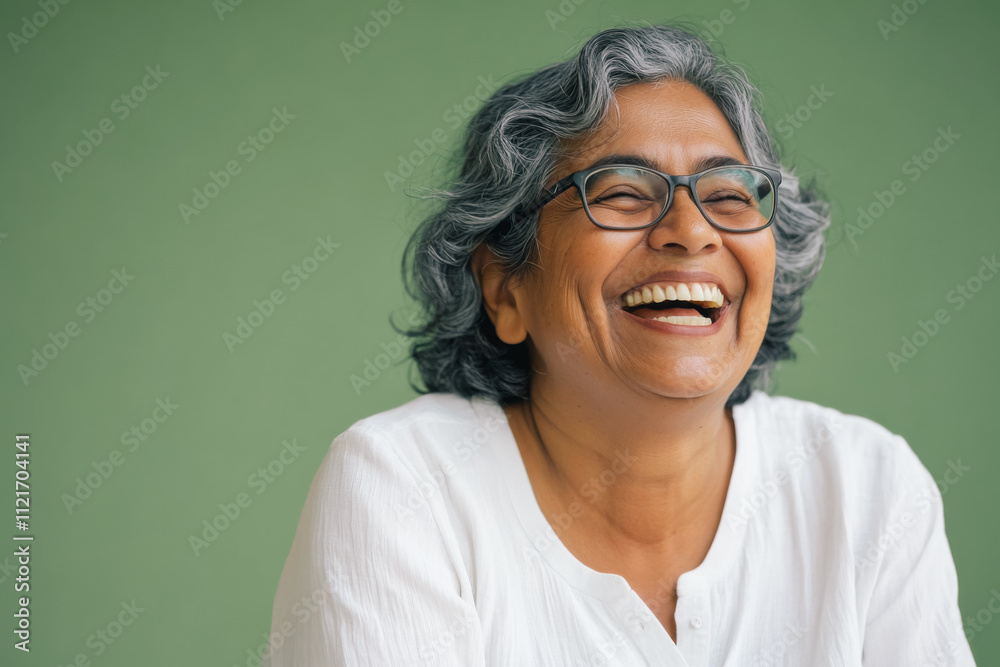 Portrait of a smiling Indian elderly woman with glasses on a solid green background Portrait of a smiling Indian elderly woman with glasses on a solid green background