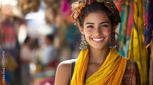 94. A young woman with an unusual accessory and a cheerful smile, strolling through a colorful marketplace