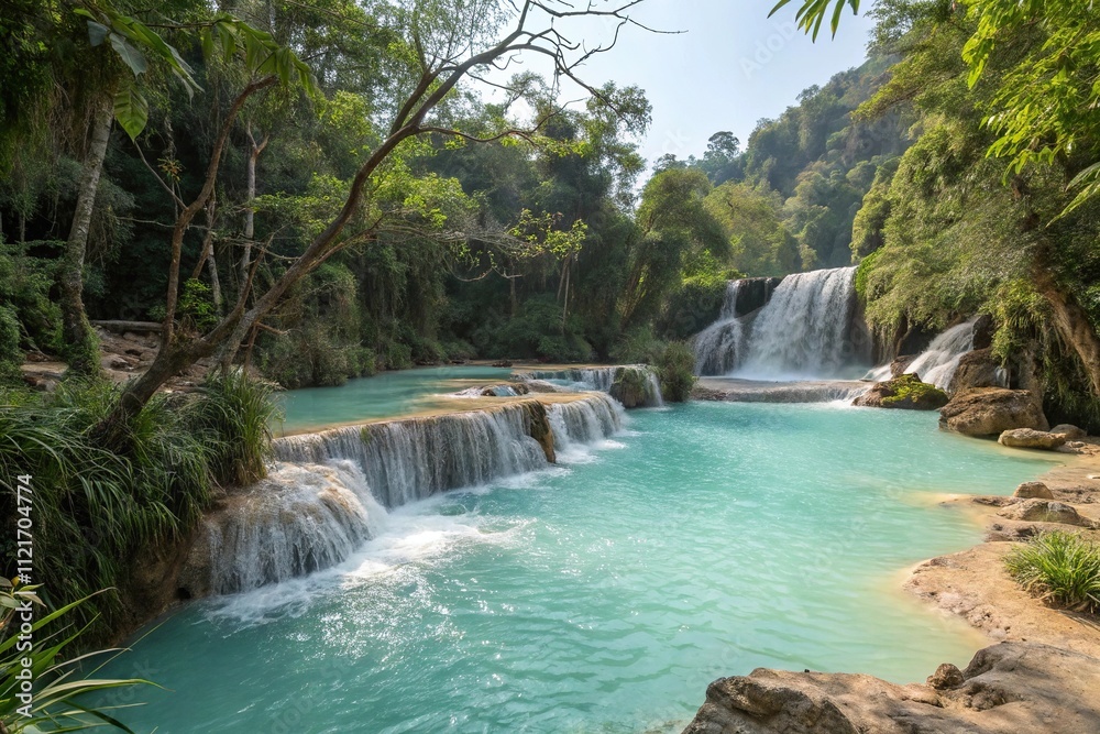 Clear turquoise waters of Kuang Si waterfall cascading into a scenic pool, scenic, pool, water Clear turquoise waters of Kuang Si waterfall cascading into a scenic pool, scenic, pool, water