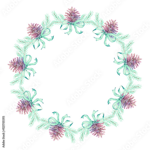 Wallpaper Mural Wreath of spruce branches and pine cones with blue bows hand painted with watercolors Torontodigital.ca