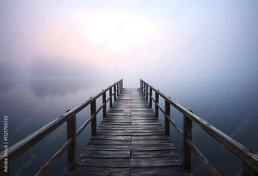 Naklejka premium A foggy lake with a single wooden pier leading out into the water.