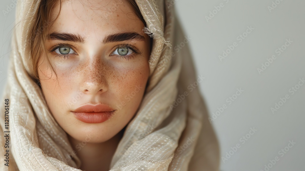 Obraz premium Close-up portrait of a young woman with freckles and green eyes, wearing a beige headscarf.