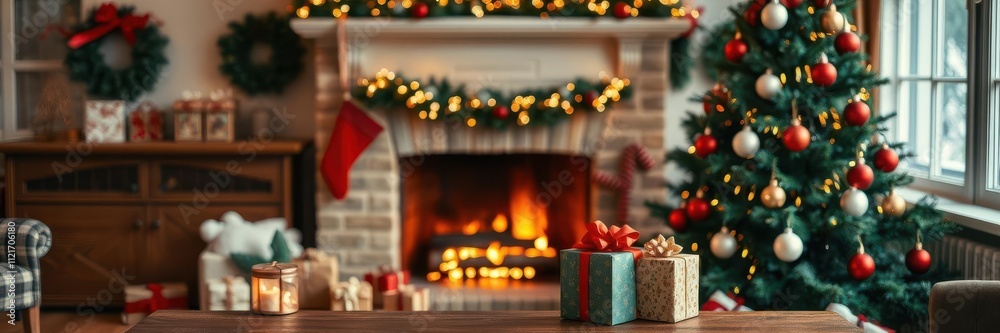 Christmas presents neatly arranged on a table next to a crackling fireplace, with a festive blurred background of a decorated Christmas tree and other holiday ornaments, season, celebration, fireplace Christmas presents neatly arranged on a table next to a crackling fireplace, with a festive blurred background of a decorated Christmas tree and other holiday ornaments, season, celebration, fireplace