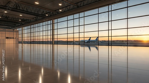 An airplane is positioned in a contemporary terminal as the sun sets behind, casting vibrant colors through large windows and creating stunning reflections on the polished floor.