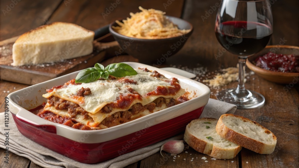 Classic beef lasagna served in a deep ceramic dish with sides