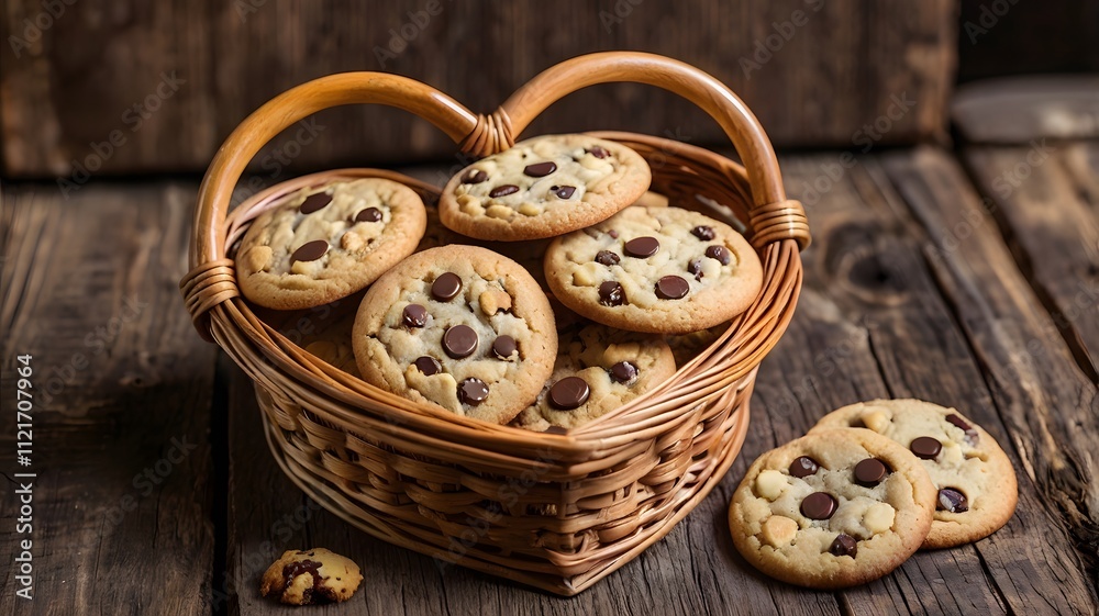 Cookies in heart shape with wooden basket on old wooden background Cookies in heart shape with wooden basket on old wooden background