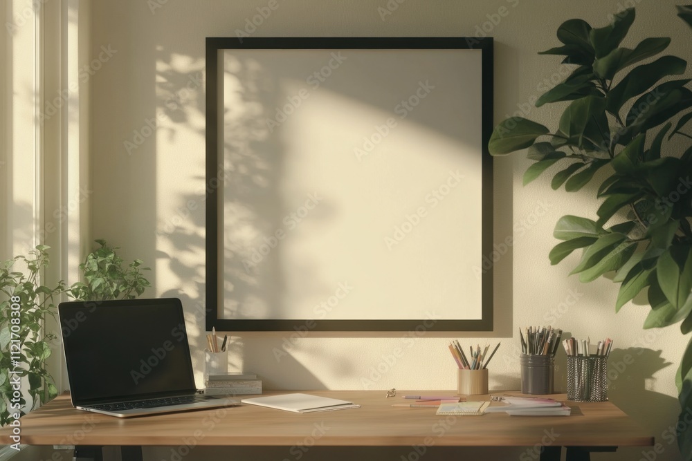 Fototapeta premium Sunlit workspace with laptop, blank canvas, plants, and stationery.