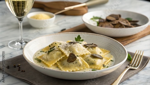 Decadent truffle ravioli served in a polished ceramic bowl