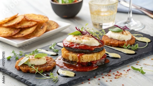 Deconstructed parmigiana on slate plate with sides and garnish photo