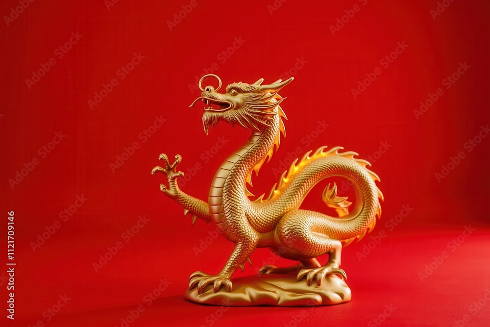 Golden Dragon Figure on Red Background Symbolizing Prosperity and Luck for the Chinese New Year Celebration and Festivities in Traditional Culture Golden Dragon Figure on Red Background Symbolizing Prosperity and Luck for the Chinese New Year Celebration and Festivities in Traditional Culture