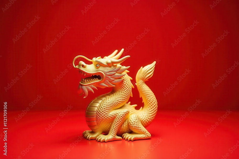 Fototapeta premium Golden Chinese Dragon Symbolizing Prosperity and Good Fortune for Chinese New Year Celebrations Against a Bold Red Background