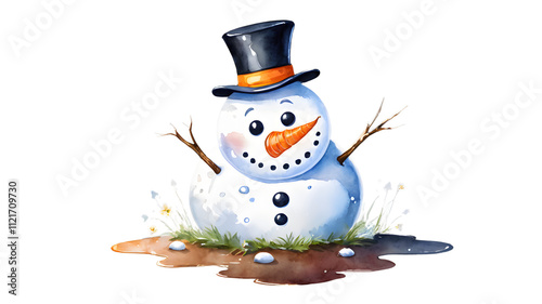 Snowman Illustration Dark Background Grass Snowflakes Nostalgic Christmas Festive Whimsical photo