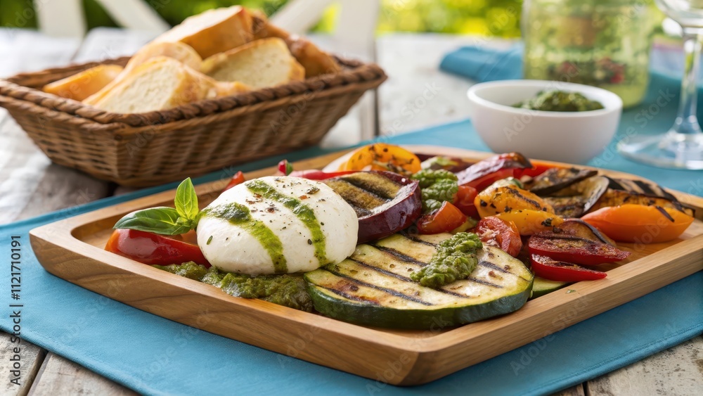 Rustic roasted vegetable and mozzarella platter with bread Rustic roasted vegetable and mozzarella platter with bread