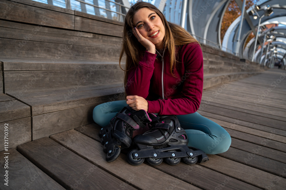 Fototapeta premium Young sporty woman tying her inline skates while sitting on wooden steps