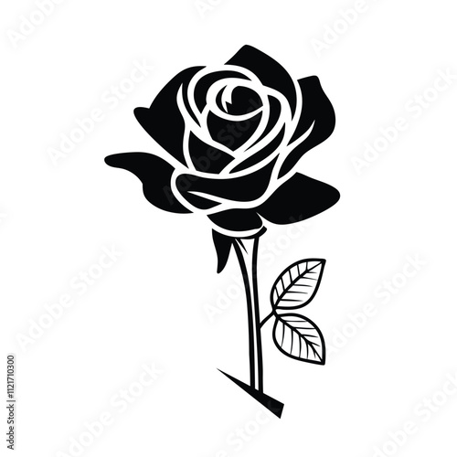 Silhouettes of rose. Black roses vector design.  Black silhouette of Flower. Decorative black Eulogy rose with leaves.
