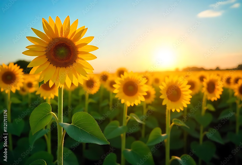Obraz premium A vibrant sunflower field under a bright, clear blue sky.