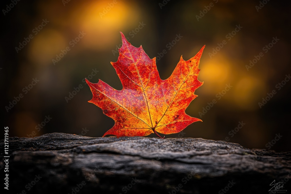 A single, vibrant red and orange maple leaf rests on a dark, textured rock, showcasing the beauty of autumn. A single, vibrant red and orange maple leaf rests on a dark, textured rock, showcasing the beauty of autumn.