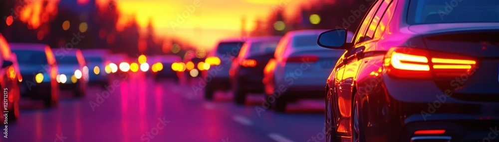 An evening traffic scene with cars illuminated by a vibrant sunset, showcasing the beauty of urban life and movement. An evening traffic scene with cars illuminated by a vibrant sunset, showcasing the beauty of urban life and movement.