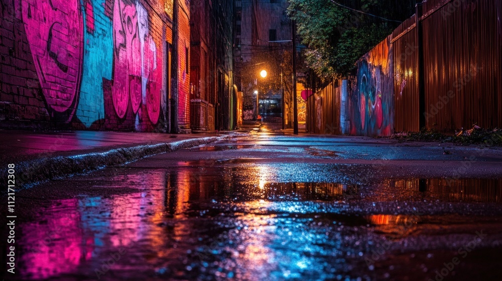 Obraz premium Neon-lit graffiti alley, rain-slicked street reflections.