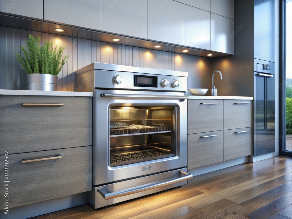 Fototapeta premium A modern, built-in stainless steel electric oven with a closed door, perfectly integrated into the kitchen.