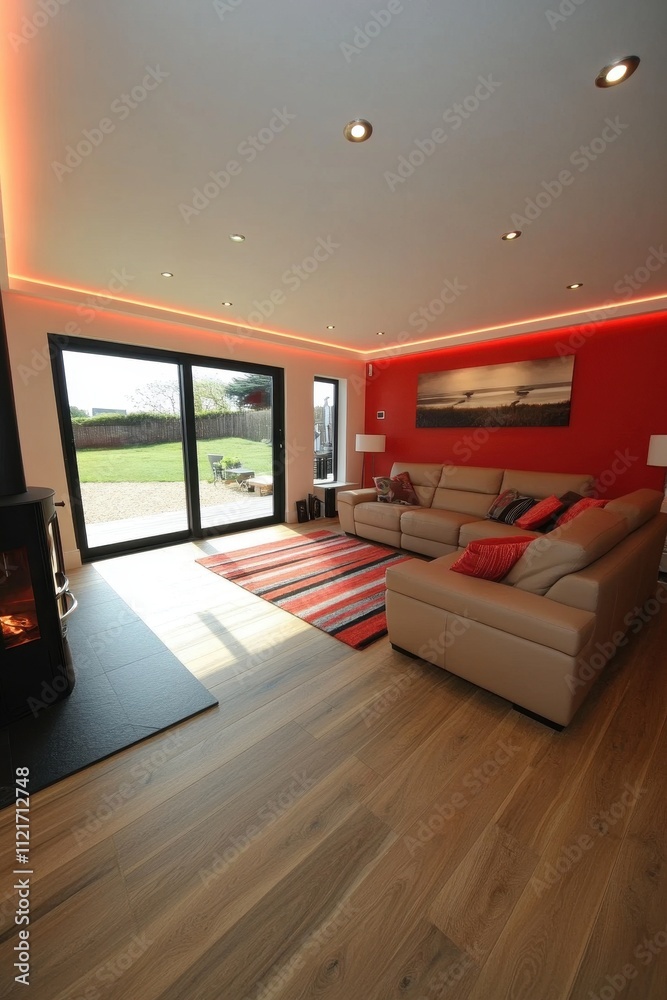 Fototapeta premium Cozy and Vibrant Modern Living Room with Panoramic View