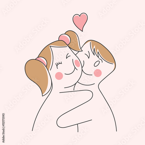 Illustration of adorable young couple hugging each other tenderly in childish cartoon style
