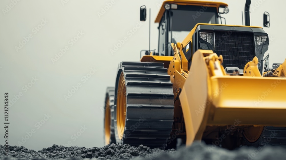 Powerful Yellow Bulldozer on Construction Site: Heavy Equipment Machinery in Action Powerful Yellow Bulldozer on Construction Site: Heavy Equipment Machinery in Action