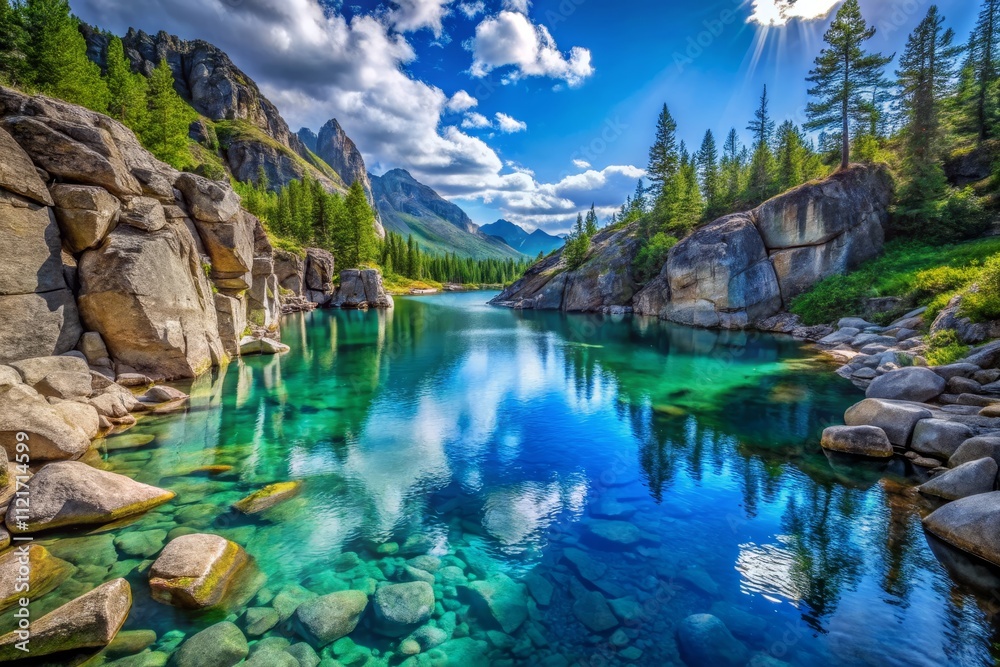 Explore serene beauty: captivating blue lake, rugged rocks, inspiring travel photography.