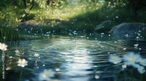 Serene pond, wildflowers, ripples, green forest.