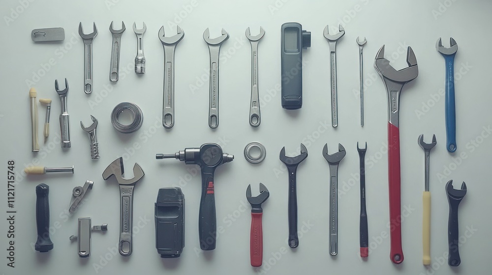 Variety of Wrenches and Tools Arranged Neatly on White Surface Variety of Wrenches and Tools Arranged Neatly on White Surface