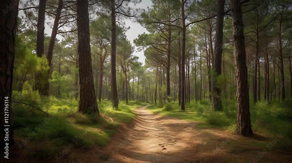Obraz premium Sunlit Path Through A Lush Pine Forest