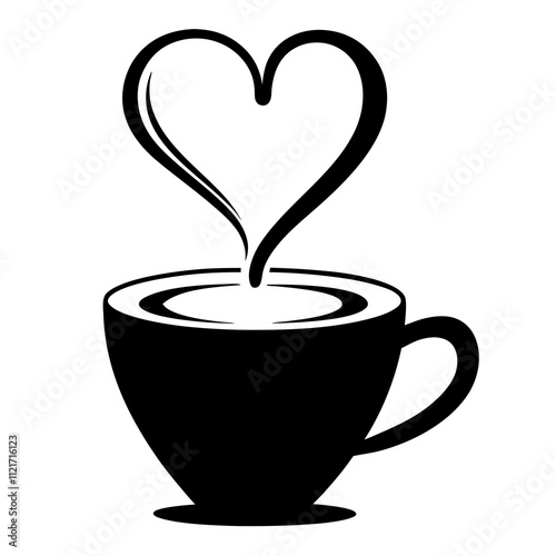 Coffee cup with heart steam silhouette, Coffee beans linear symbol. Vector illustration isolated on white.