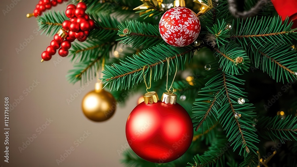 Shiny red and gold Christmas baubles hanging on a green pine tree branch, traditional, holiday, branch Shiny red and gold Christmas baubles hanging on a green pine tree branch, traditional, holiday, branch
