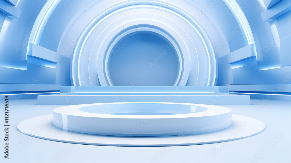 Obraz premium 3d rendering of white and blue abstract geometric background. Scene for advertising, technology, showcase, banner, game, sport, cosmetic, business, metaverse. Sci-Fi Illustration. Product display