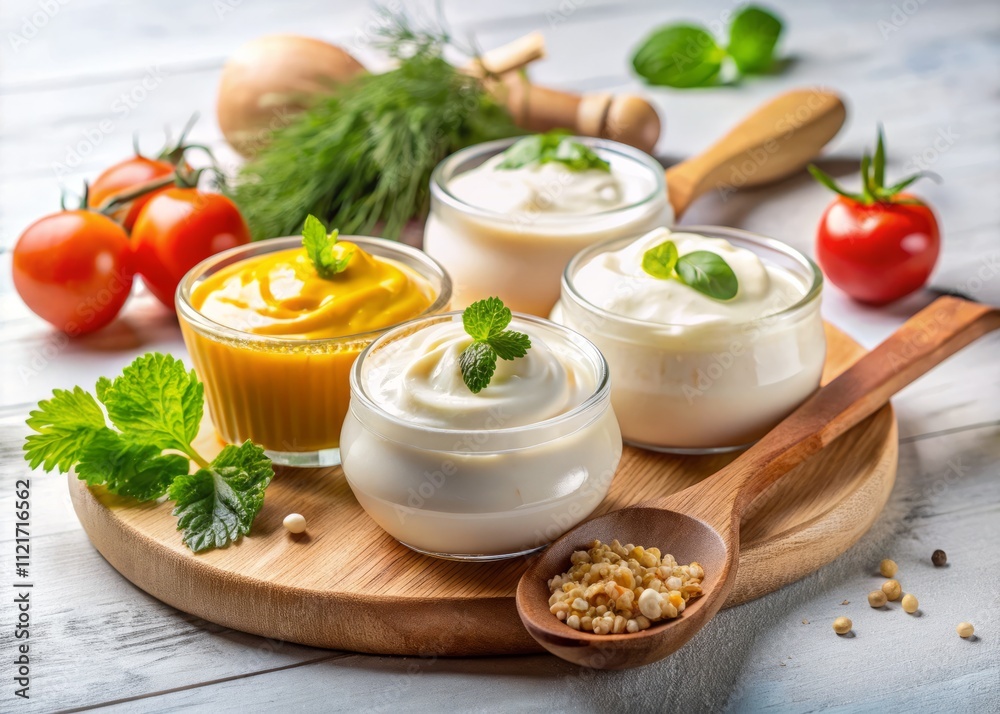Creamy Delights: A Visually Appealing Arrangement of Sour Cream, Mayonnaise, and Yogurt with a Wooden Spoon on a Clean White Background for Culinary Inspiration