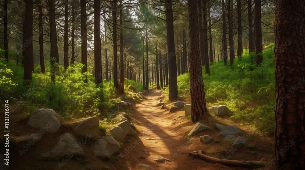 Sunlit Path Through A Lush Pine Forest Sunlit Path Through A Lush Pine Forest