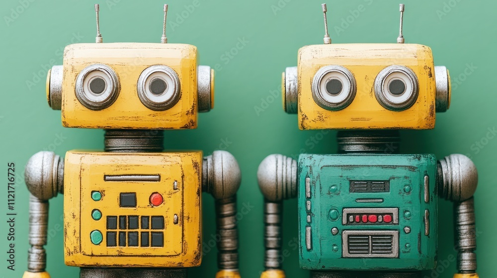 Fototapeta premium Two colorful vintage robots with expressive faces stand against a bright green backdrop