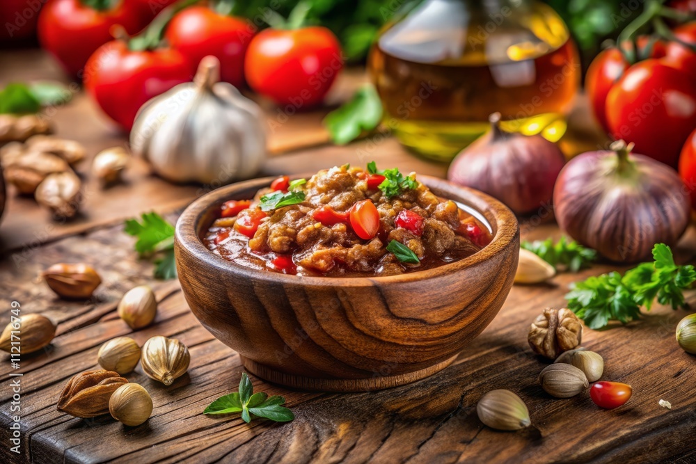 Delicious Salsa Alle Noci: A Rich Walnut Sauce Perfect for Pasta and Dishes, Showcasing Ingredients with a Rustic Italian Touch in a High Depth of Field Setting