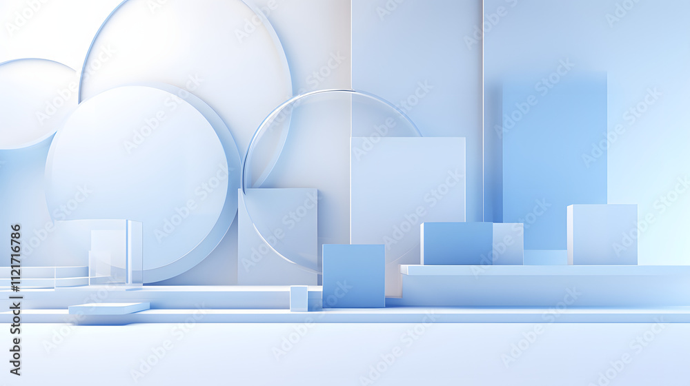 
3d rendering of white and blue abstract geometric background. Scene for advertising, technology, showcase, banner, game, sport, cosmetic, business, metaverse. Sci-Fi Illustration. Product display