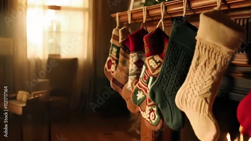 Holiday stockings hanging on a mantle.